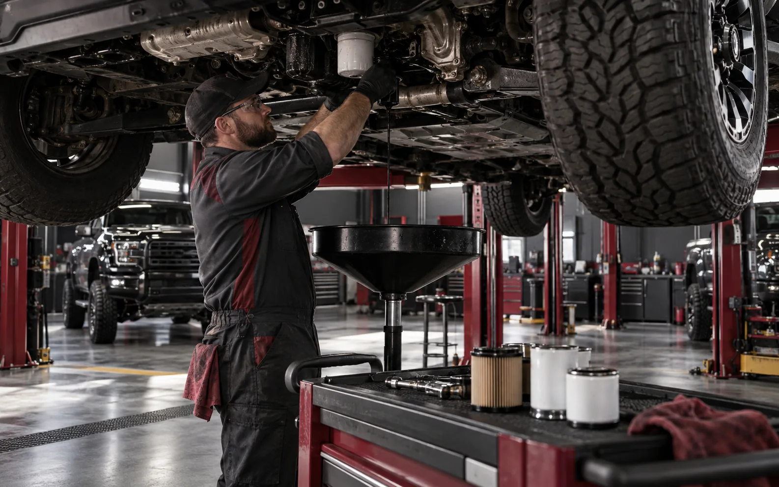 Preventive maintenance beneath a diesel pickup