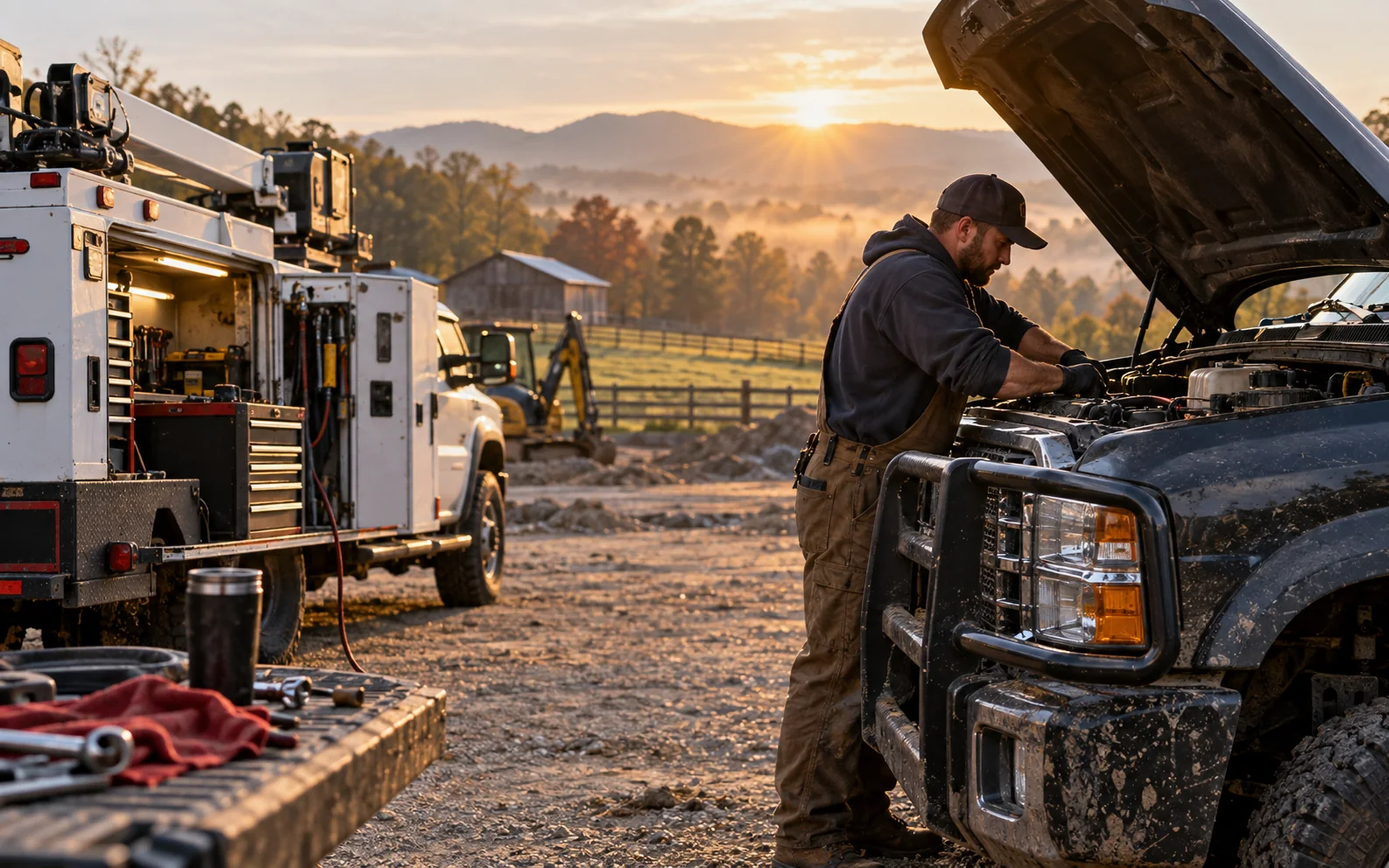 Mobile diesel technician repairing a truck at a jobsite
